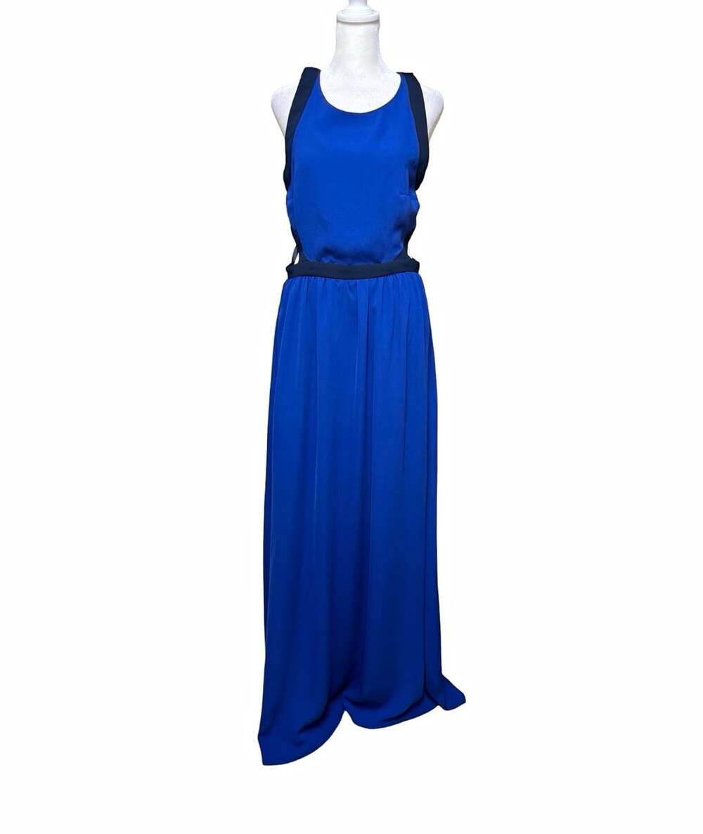 Mango Blue Solid Maxi Dress Black Trim Open Back Sleeveless Round Neck S